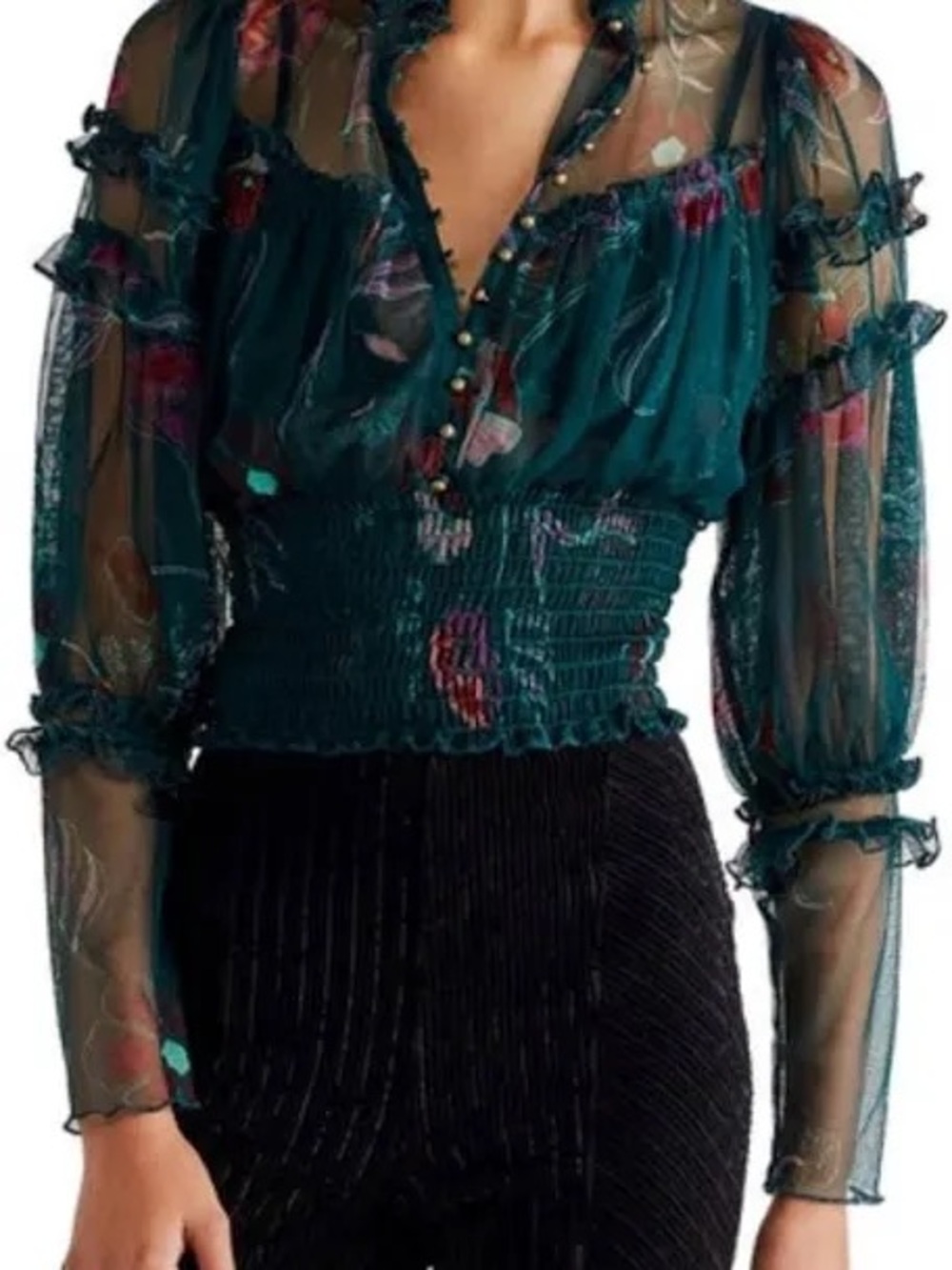 Free People Dark Green Sheer Floral Smocked Blouse NWT